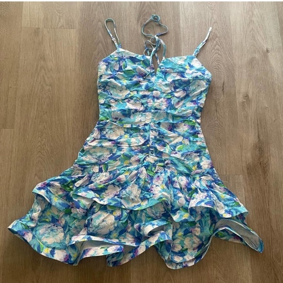 elliatt nancy blue & white floral print ruffle ruched mini dress size small new - Picture 5 of 8